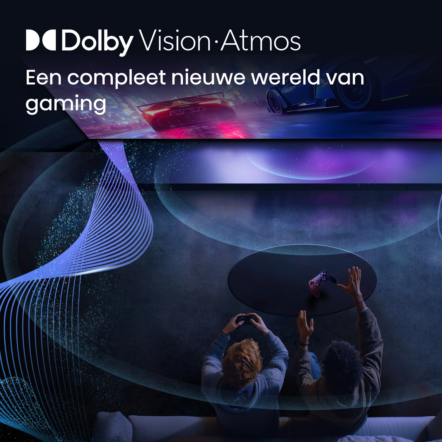 Dolby Vision Atmos: Two people gaming on a couch, with gaming graphics in the background.