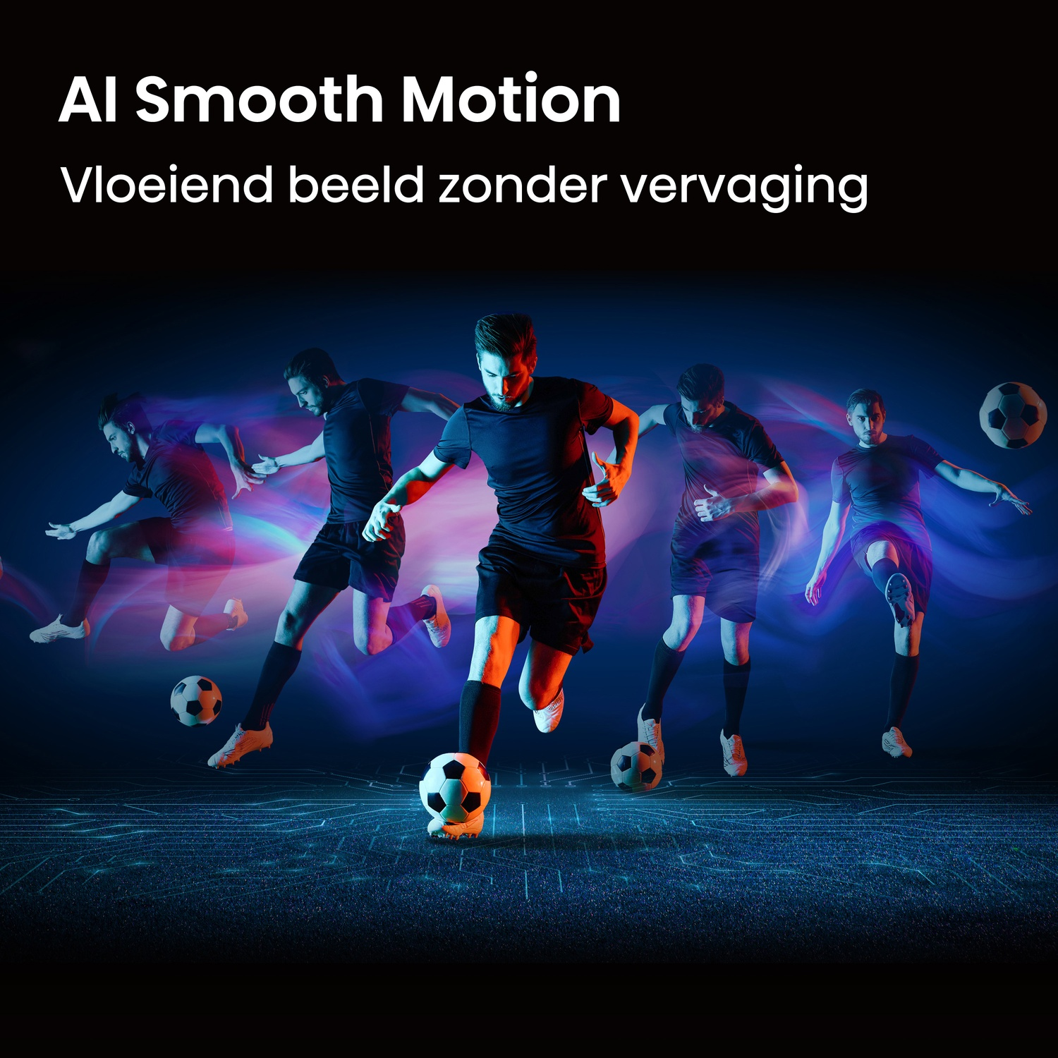 Soccer players in motion with glowing trails against a dark background.
