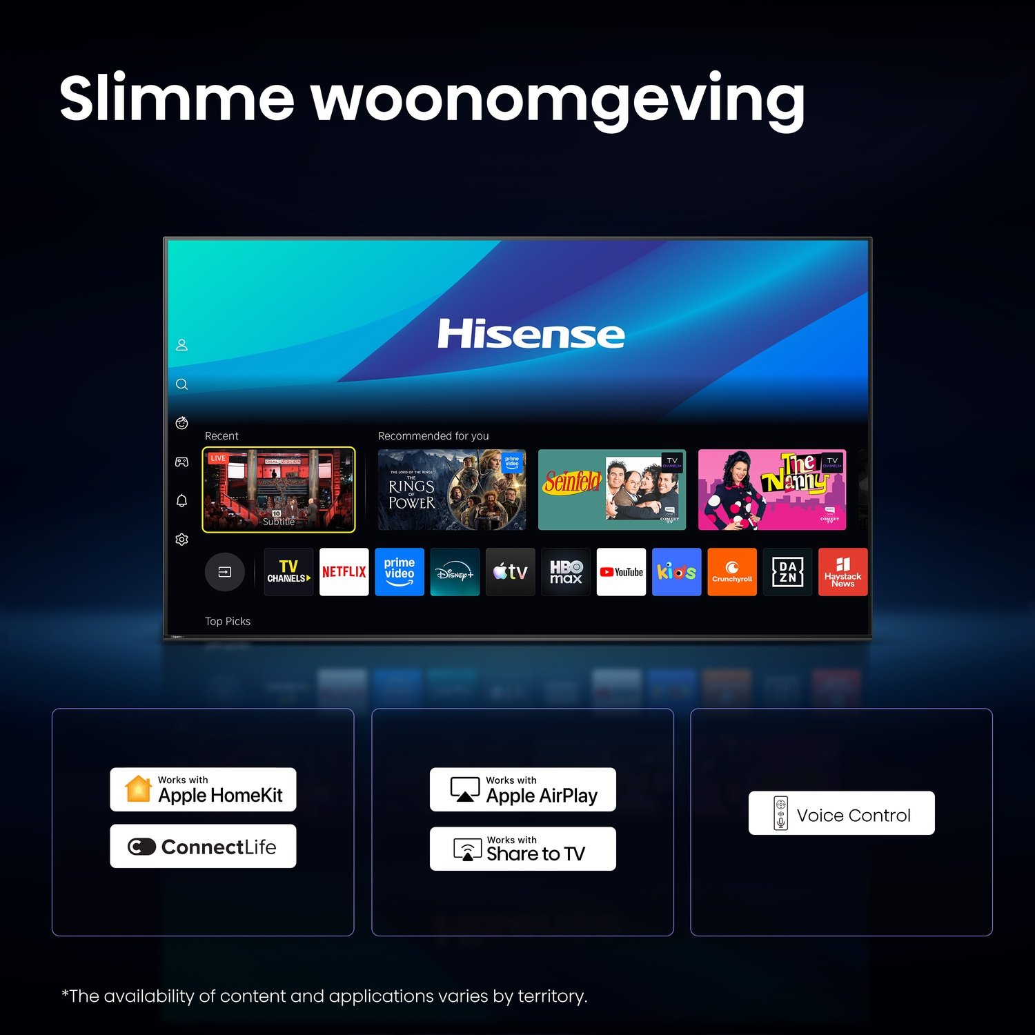 Hisense Smart TV displaying apps like Netflix, Prime Video, Disney+, and HomeKit/AirPlay icons.