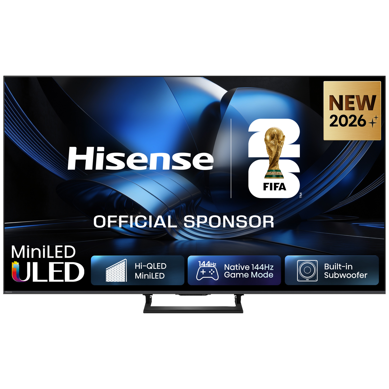 Hisense ULED TV met FIFA WK 2026 logo. Beschikt over MiniLED, 144Hz Game Mode en subwoofer.