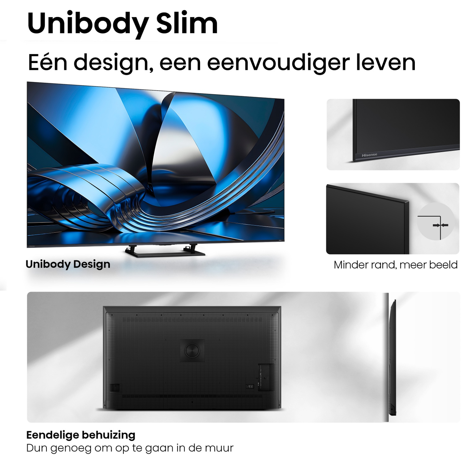 Een slank unibody ontwerp voor een eenvoudiger leven. Toont voor-, achter- en zijaanzichten.