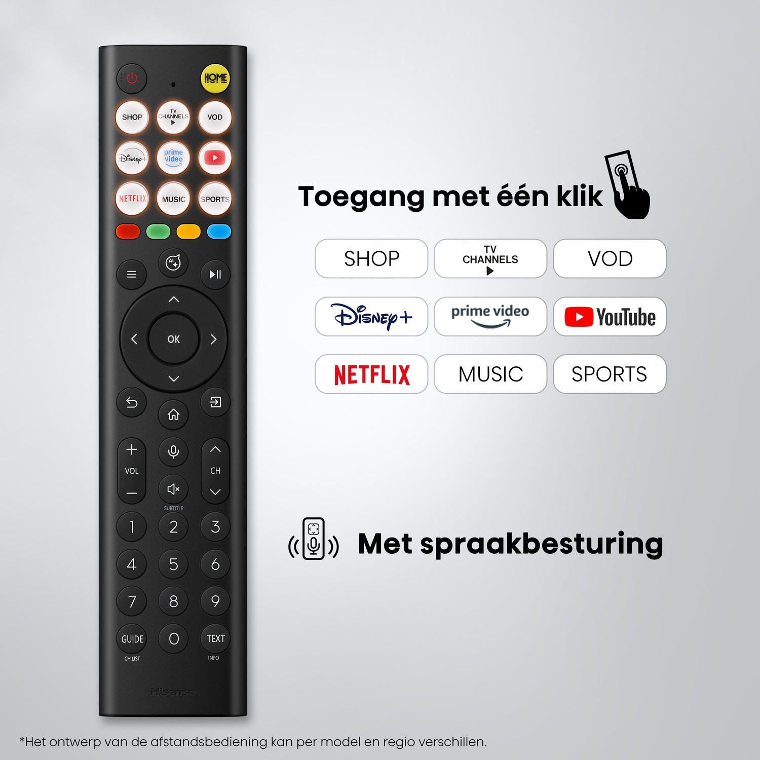 Zwarte afstandsbediening met app-knoppen en numeriek toetsenblok, naast app-tegels.