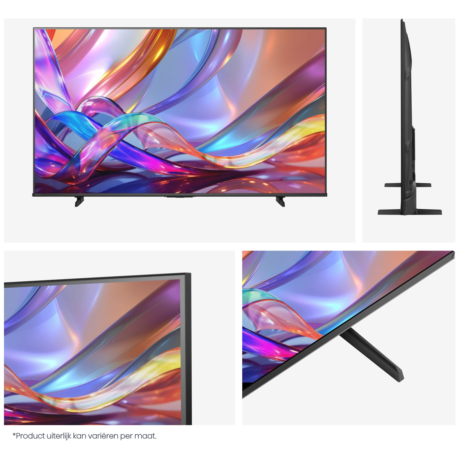 A modern black flat-screen TV displaying a colorful, abstract screensaver.