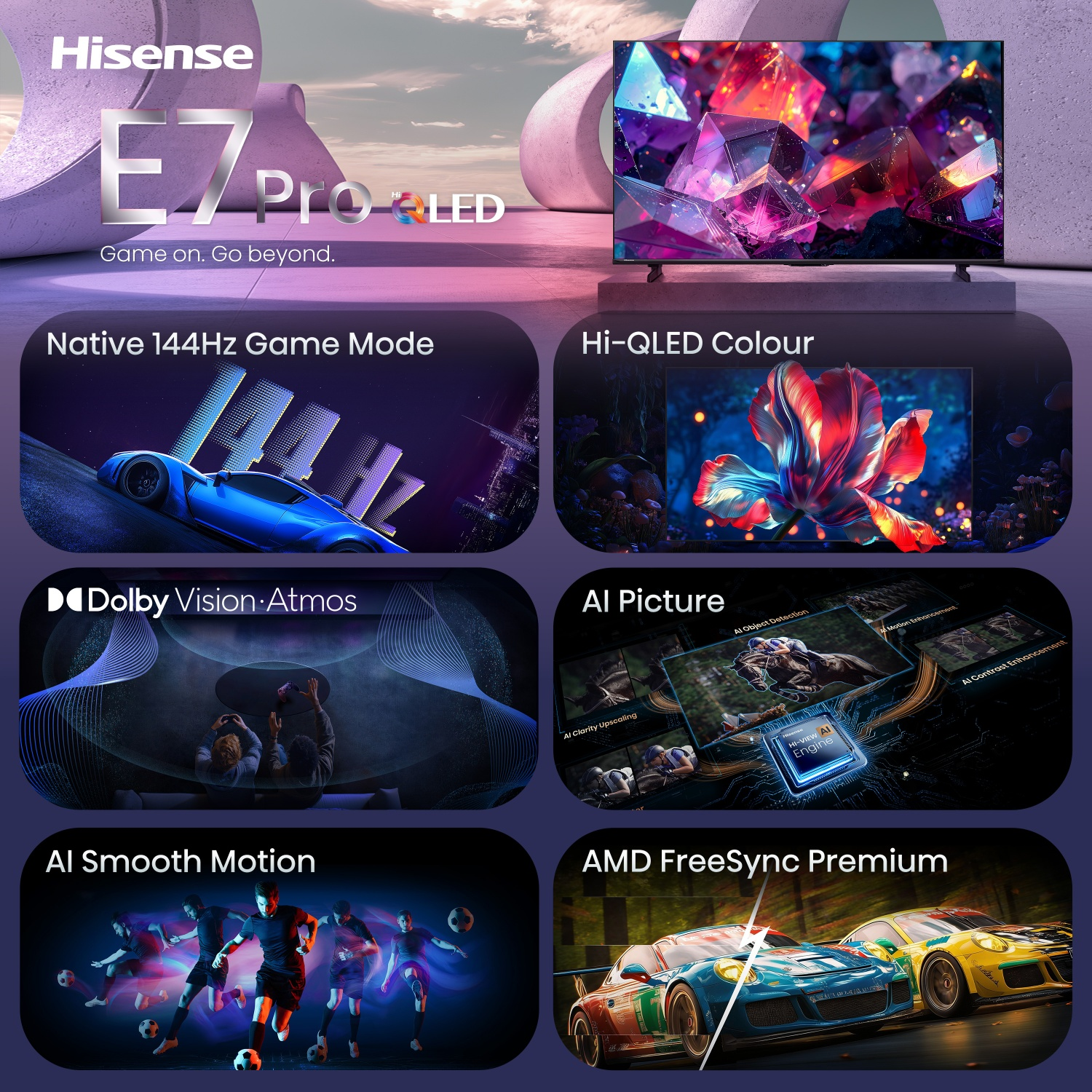 Hisense E7 Pro OLED TV with colorful crystals, race cars, soccer players, and flower image.
