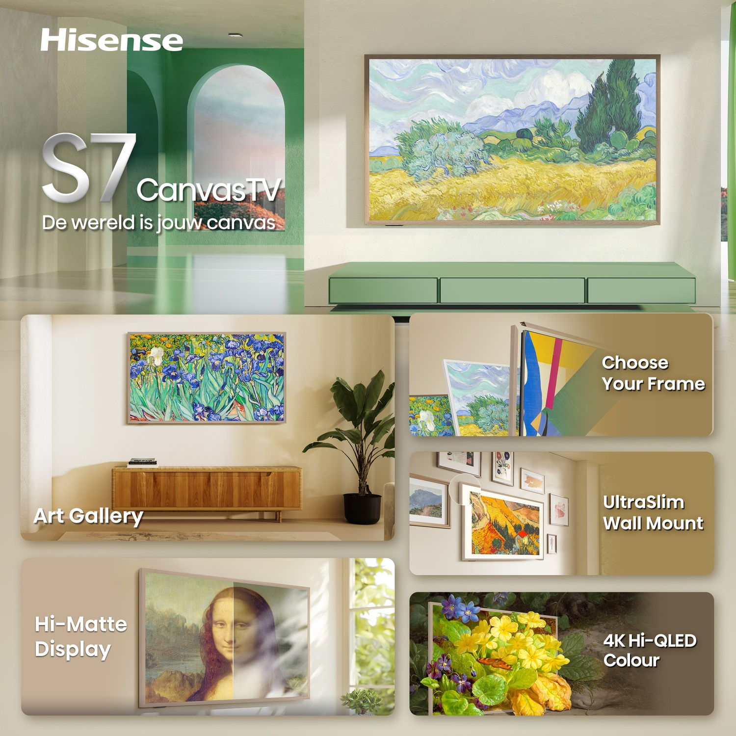 Hisense S7 Canvas TV toont kunst, met keuze uit lijsten en montage.