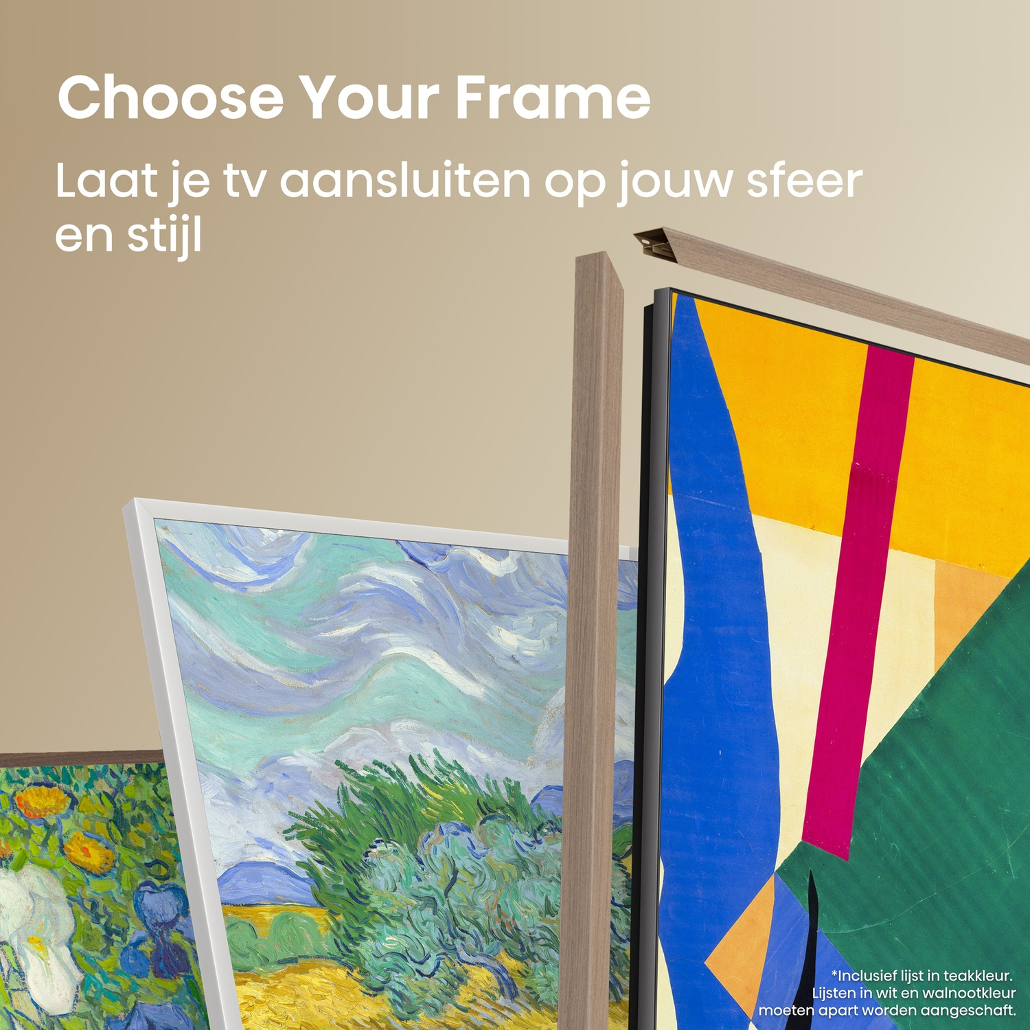 TV-frames met kunst. Een houten frame wordt bevestigd.