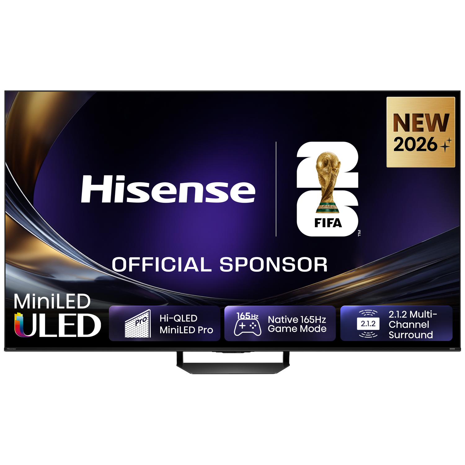 Hisense MiniLED ULED TV met FIFA WK-logo, "Nieuw 2026+", "Officiële Sponsor".
