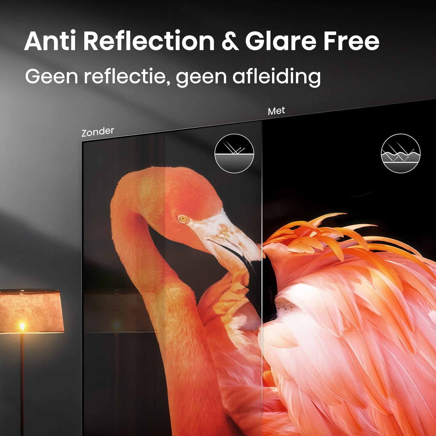 Flamingo-afbeeldingen op een scherm met en zonder anti-reflectiecoating.