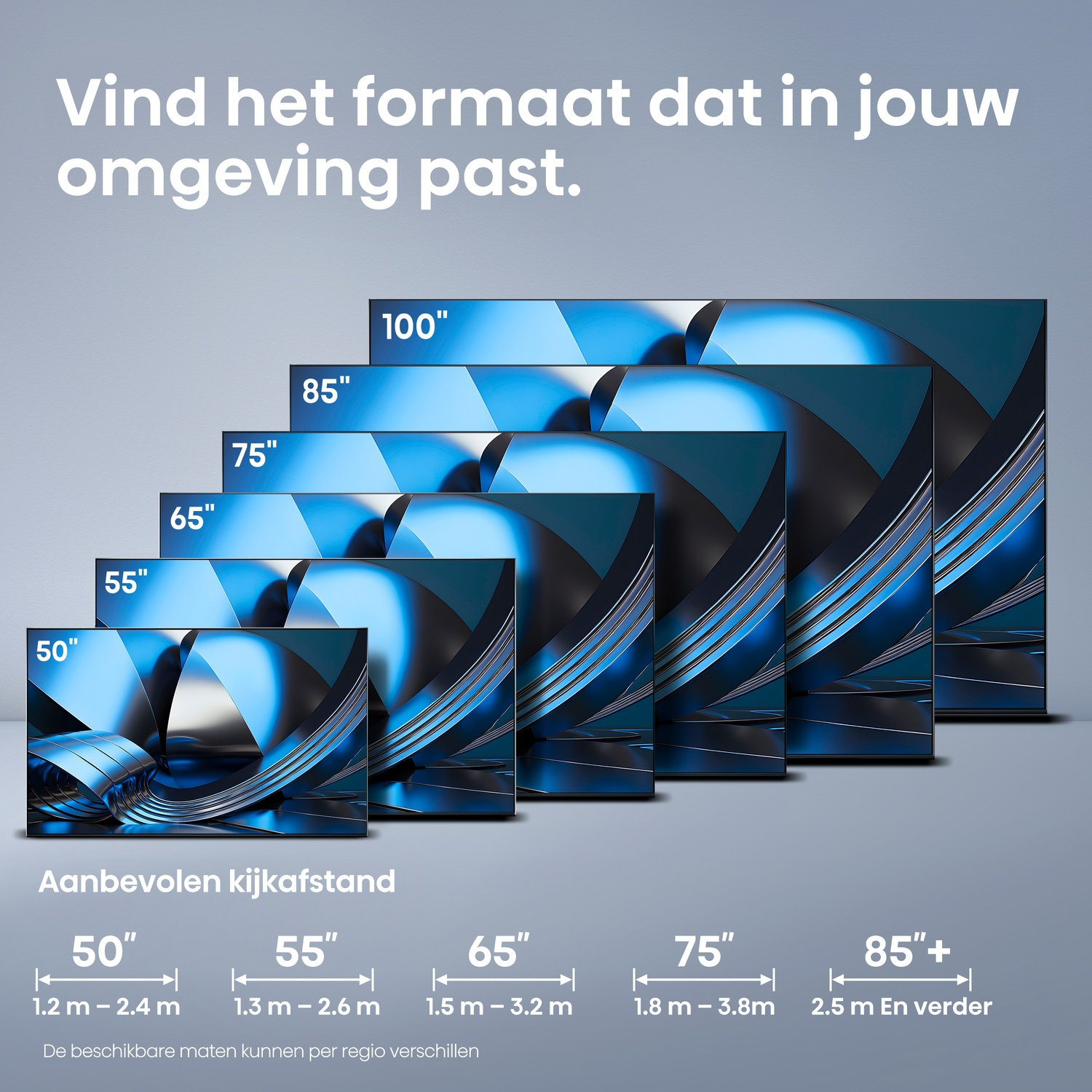 Meerdere tv's getoond in oplopende formaten, van 50 tot 100 inch.