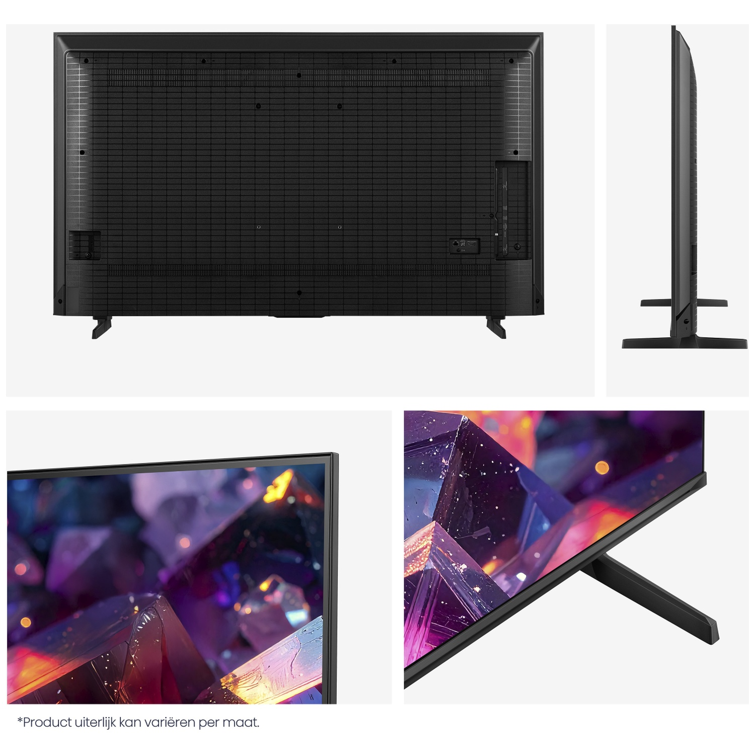 Back of a black TV with ports and stand. Side view. Close-up of screen with abstract art.