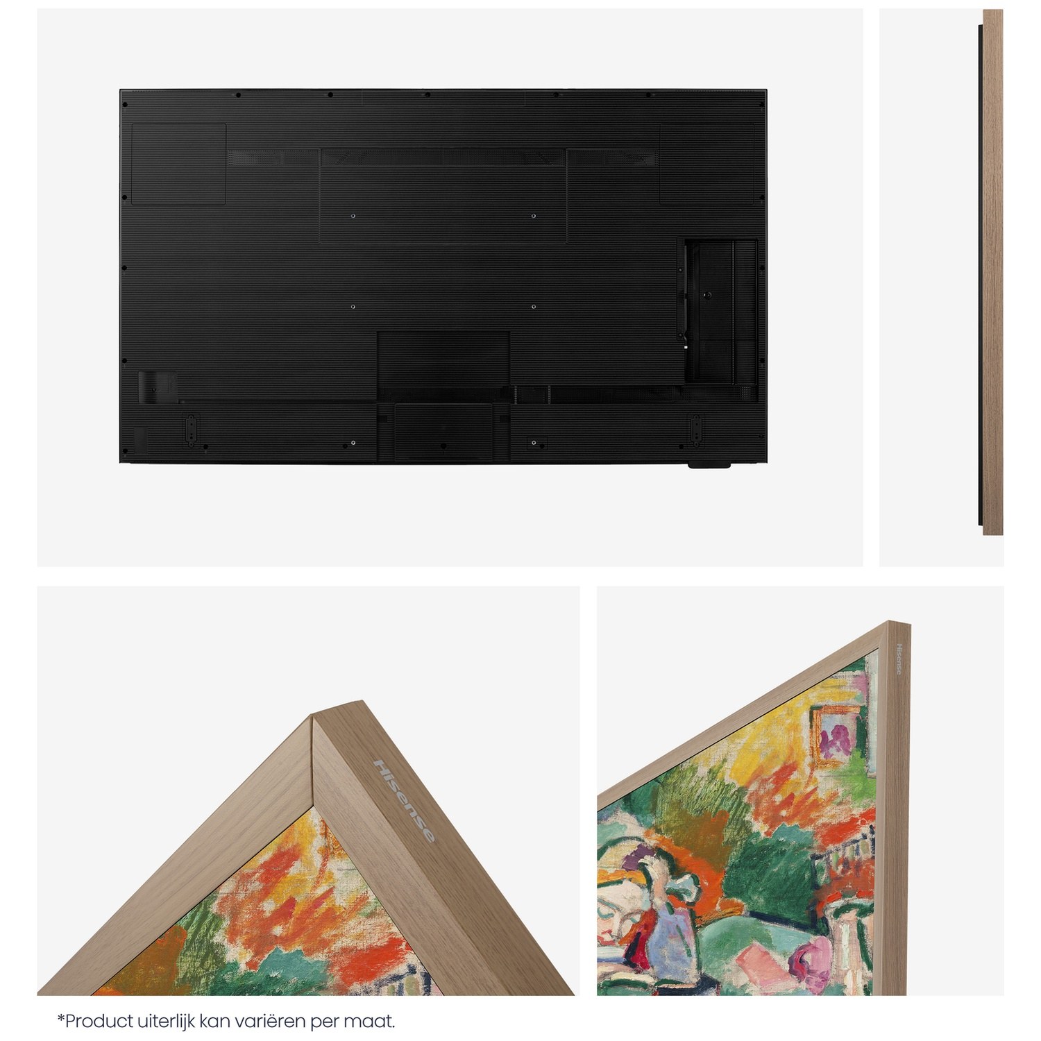 Achterkant van een zwarte tv met poorten en een close-up van een houten tv-frame met kunst.