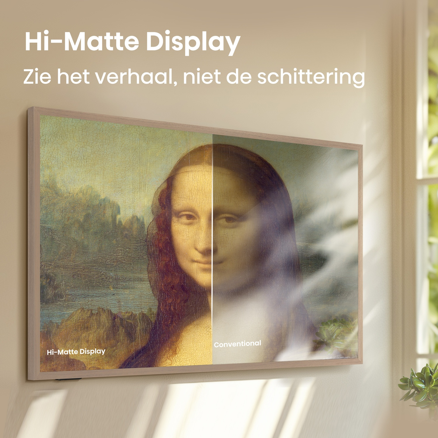 Mona Lisa op een scherm, vergelijking mat en conventioneel display.
