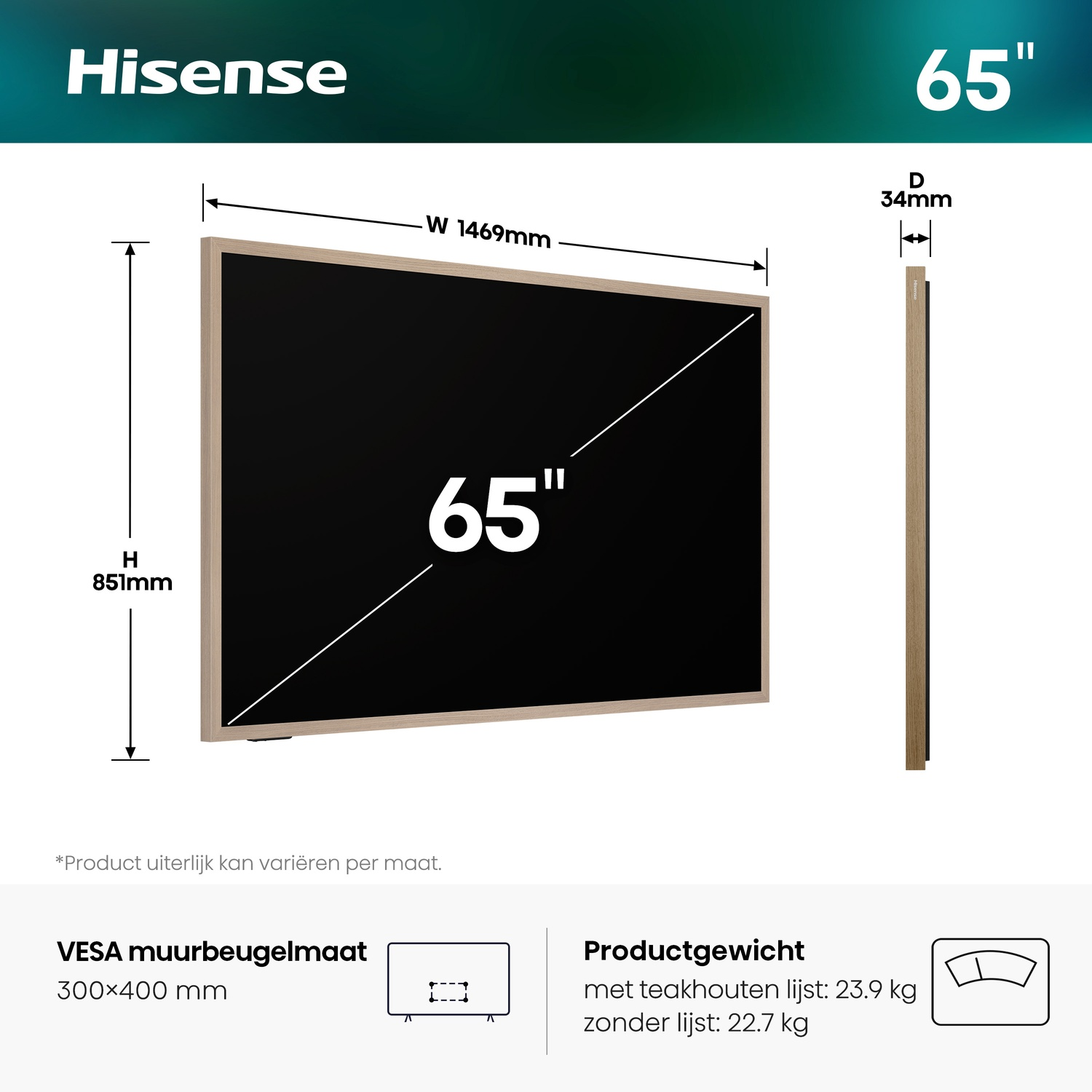 Hisense 65-inch TV met afmetingen: B 1469mm, H 851mm, D 34mm.