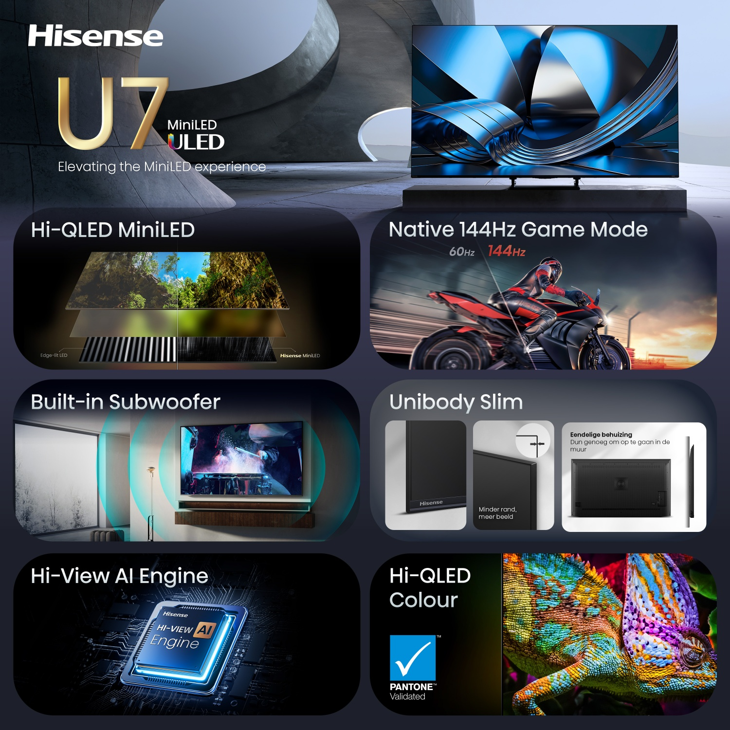 Hisense U7 ULED TV features Hi-QLED MiniLED, 144Hz game mode, subwoofer, slim body, AI engine, and color.