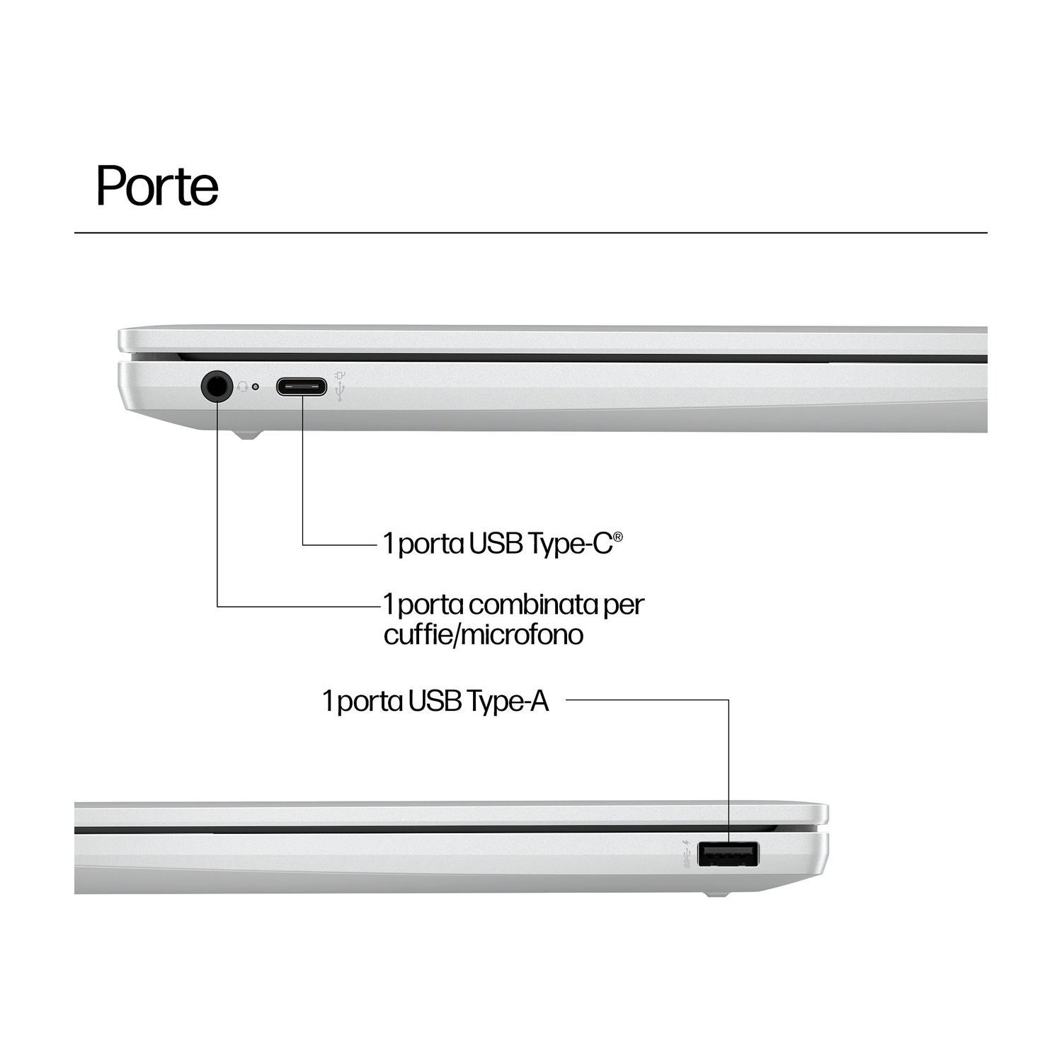 Vista laterale di un laptop che mostra le porte: USB-C, cuffie/microfono e USB-A.