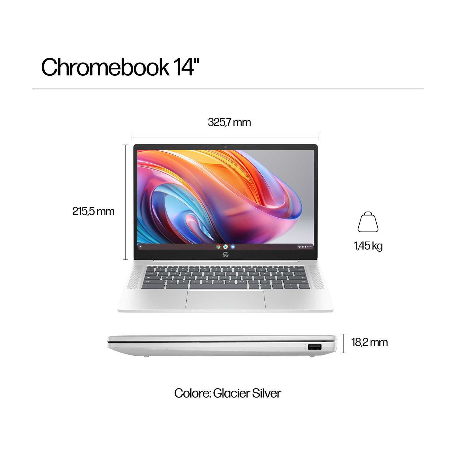 Un HP Chromebook 14 argento con dimensioni e peso.