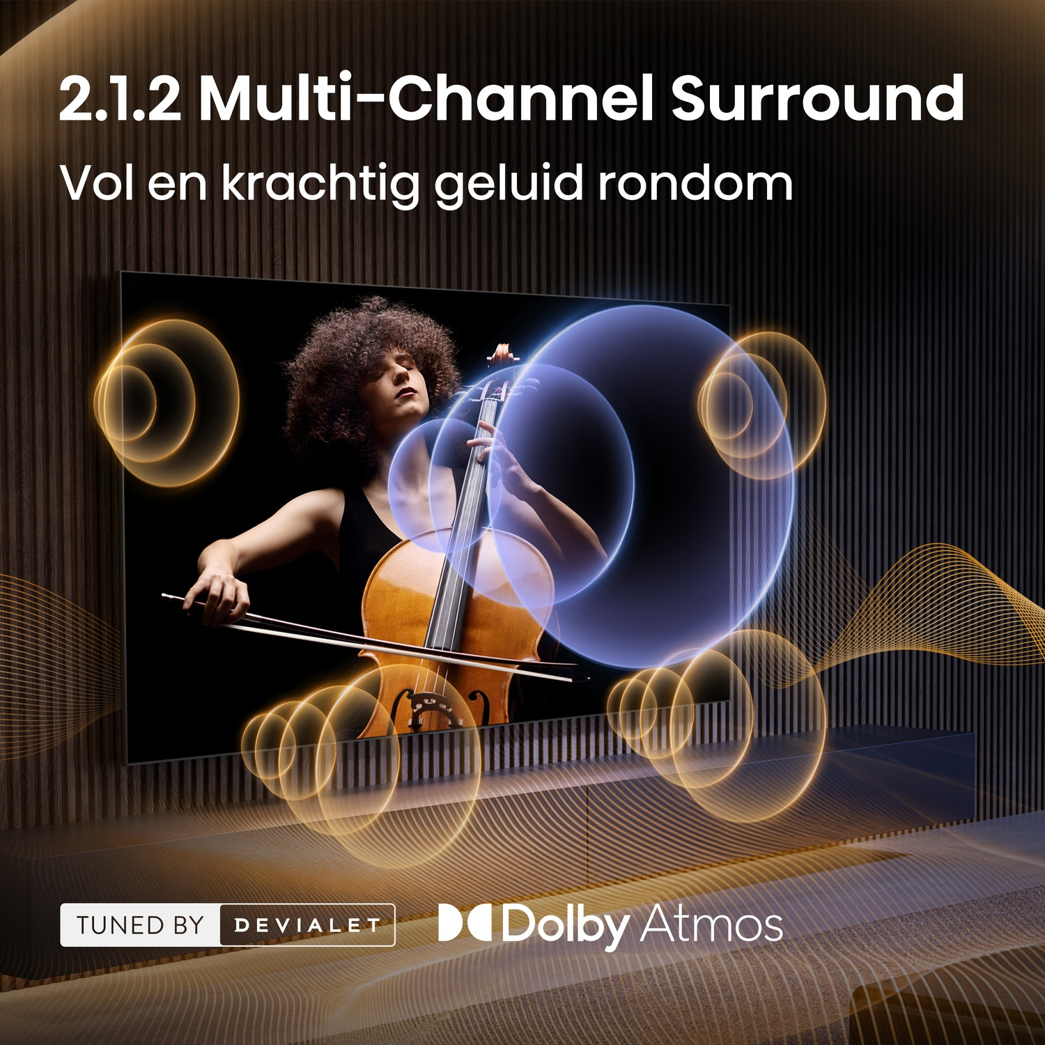 Woman plays cello on TV screen, surrounded by sound waves.