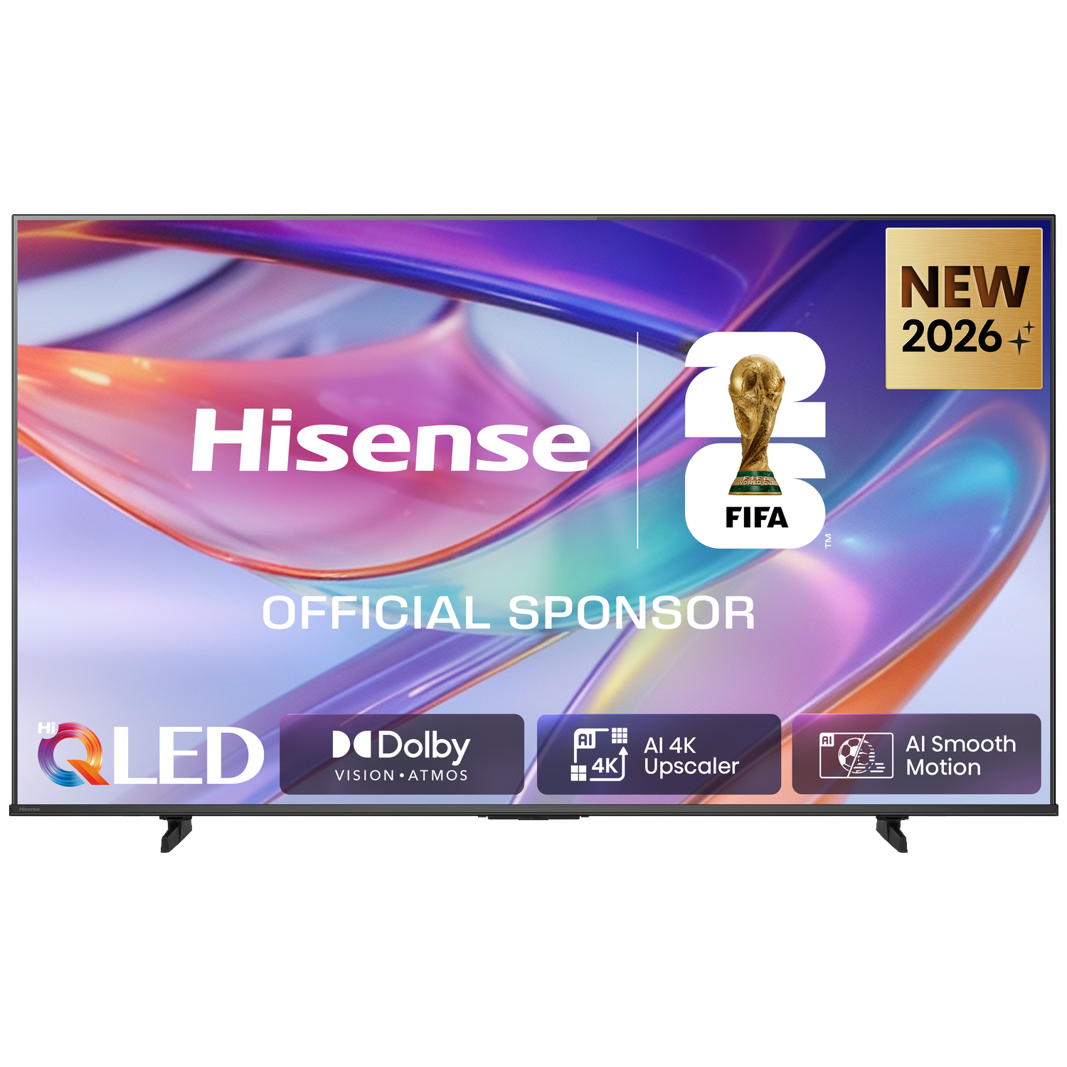 Hisense QLED TV, official FIFA sponsor 2026, with AI 4K Upscaler and Smooth Motion.