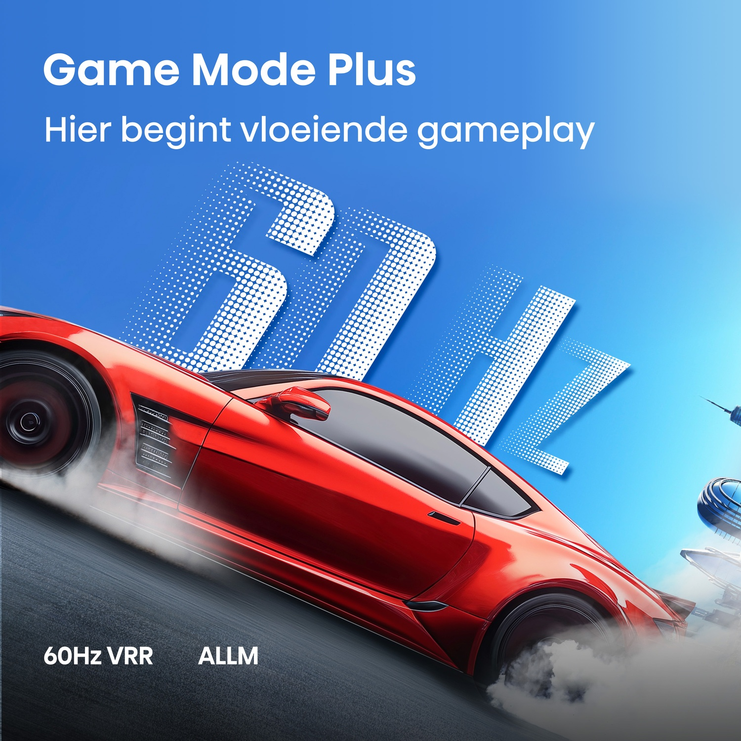 A red sports car speeding, with smoke from tires and text "60Hz VRR ALLM".