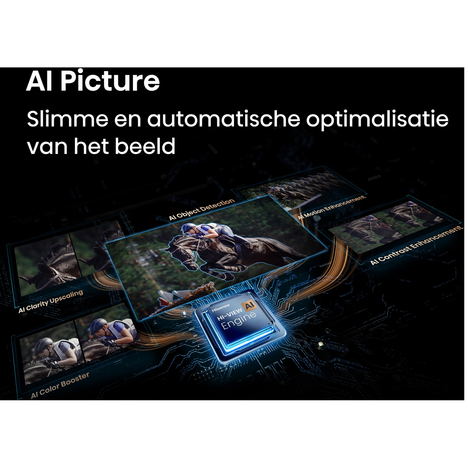 AI Picture: Jumping horse, cyclists, AI chip. Features: AI Object Detection, AI Color Booster.