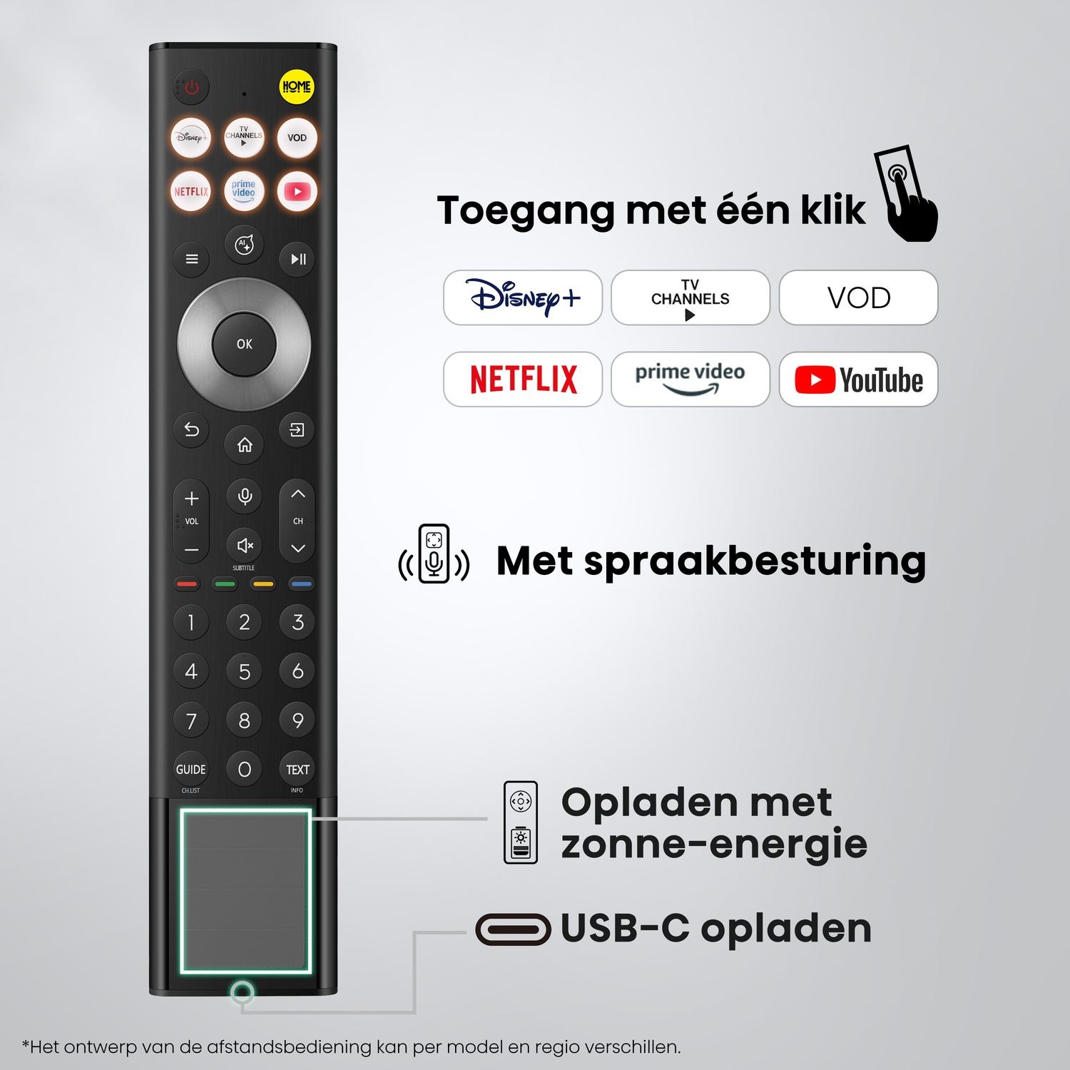 Black remote with quick access buttons for streaming services, touchpad, and solar/USB-C charging indicator.