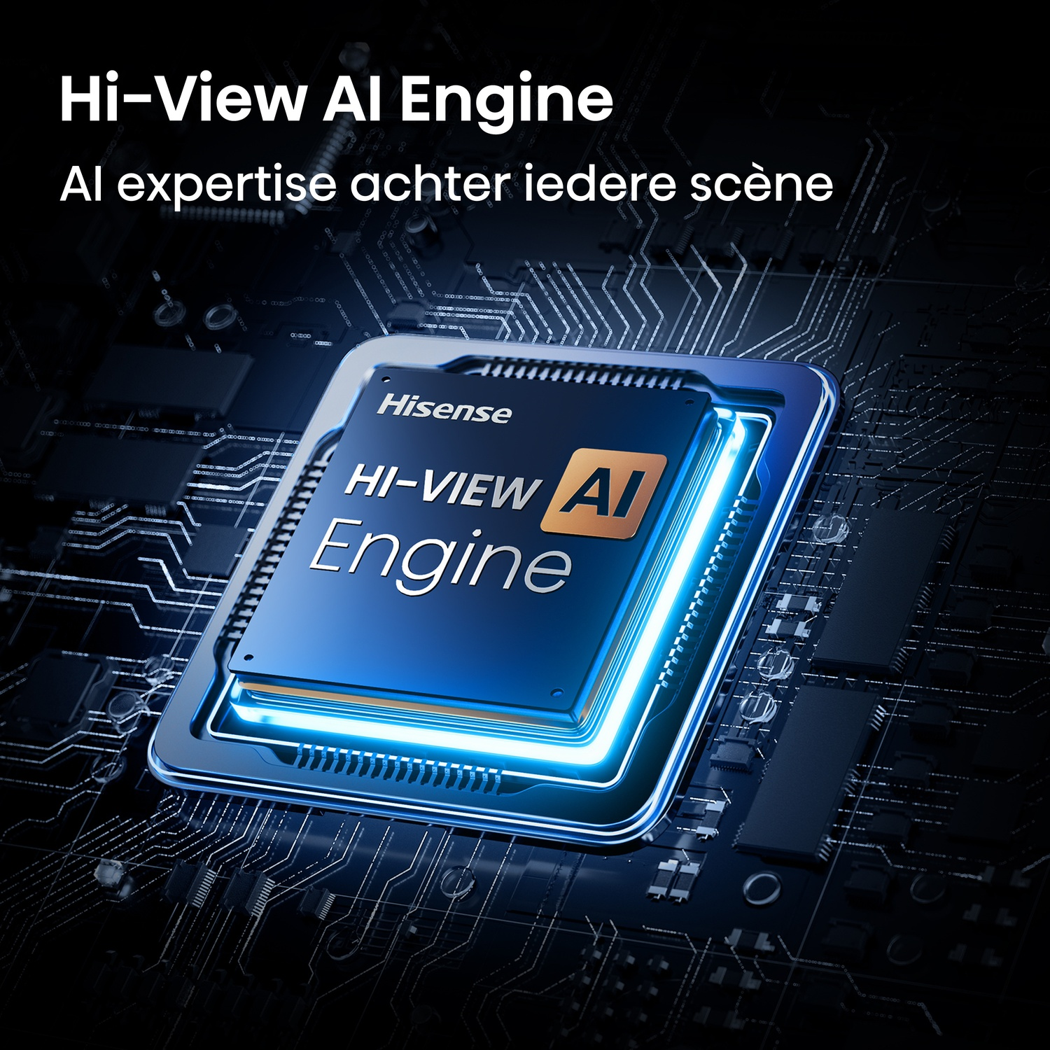 Een blauwe chip met 'Hi-View AI Engine' en Hisense logo op donkere achtergrond.