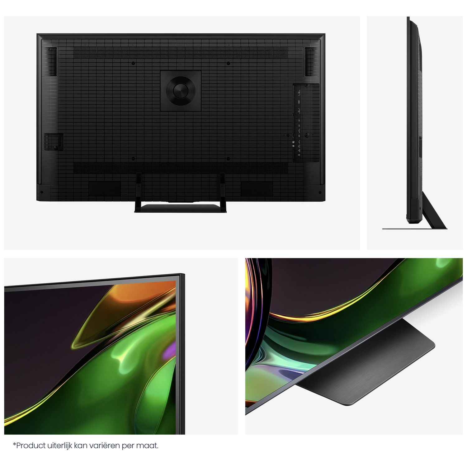 Back and side view of a slim black television with a stand.