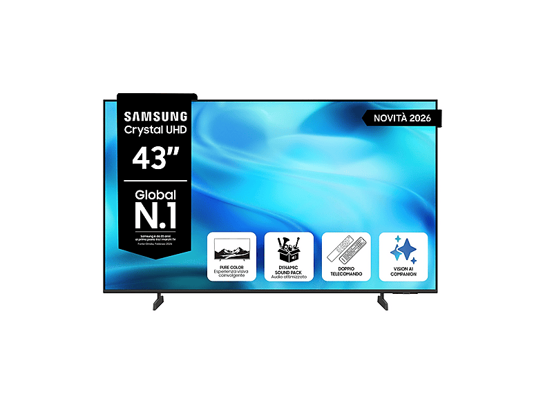 Samsung Crystal AI TV 43" UE43U8000HUXZT 4K, Processore 4K, 4K Upscaling, Motion Xcelerator, HDR, Contrast Enhancer, OTS Lite, Metal Stream Design, Vision Smart TV, 2026