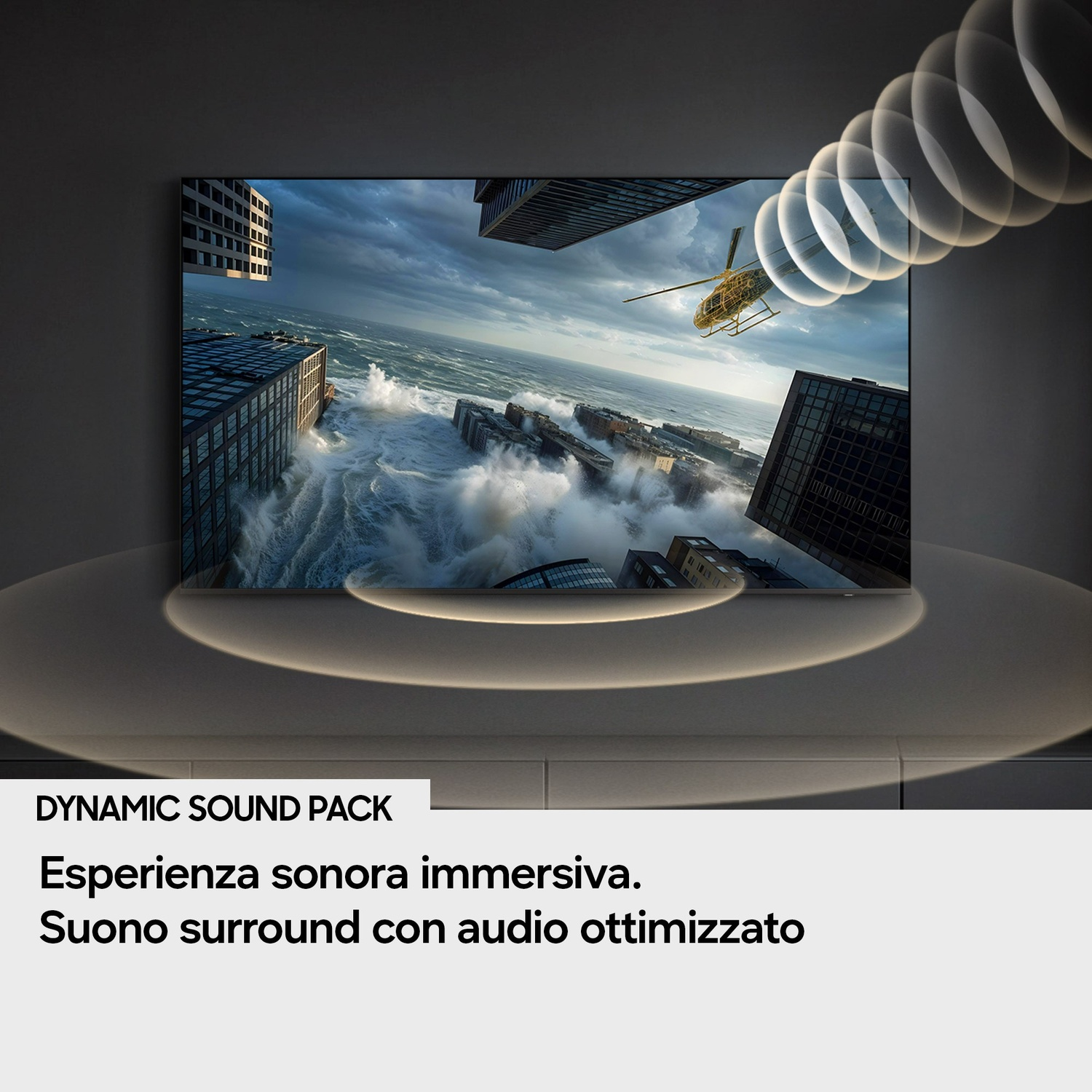 TV mostra città e mare, elicottero su onde. Onde sonore visualizzate.