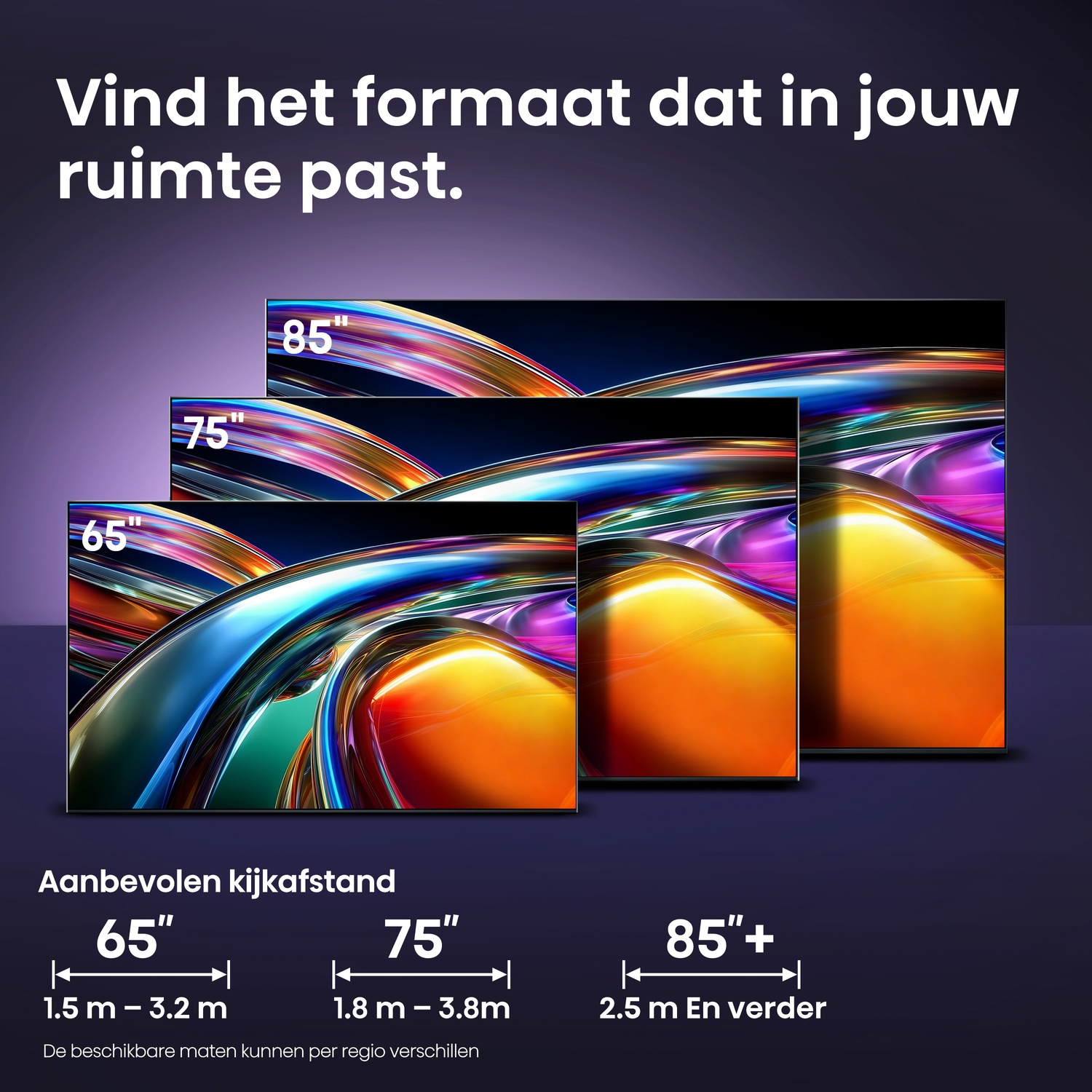 Three TVs in sizes 65", 75", 85" with colorful gradient screens.