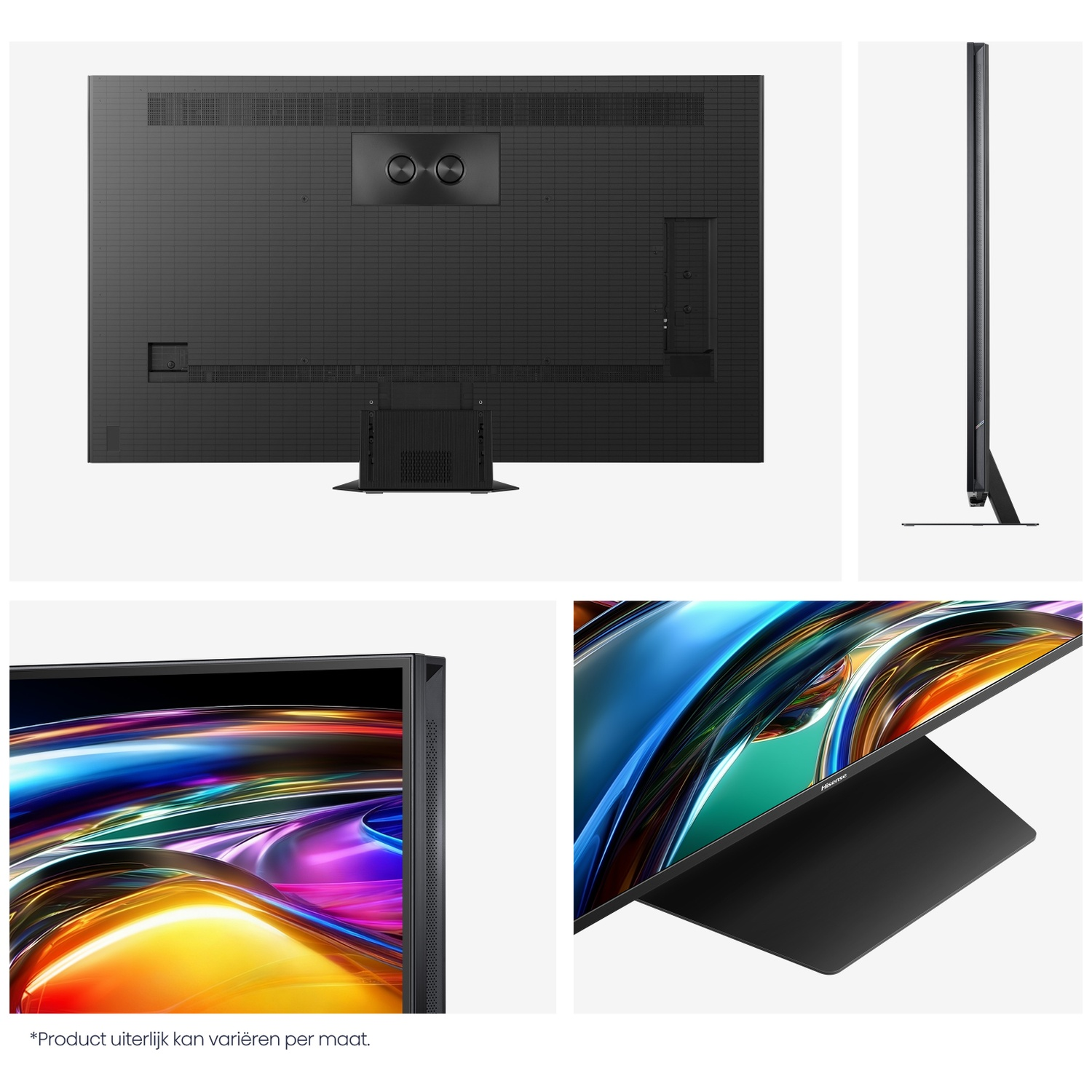 Back and side view of a slim black TV displaying a colorful image on screen.