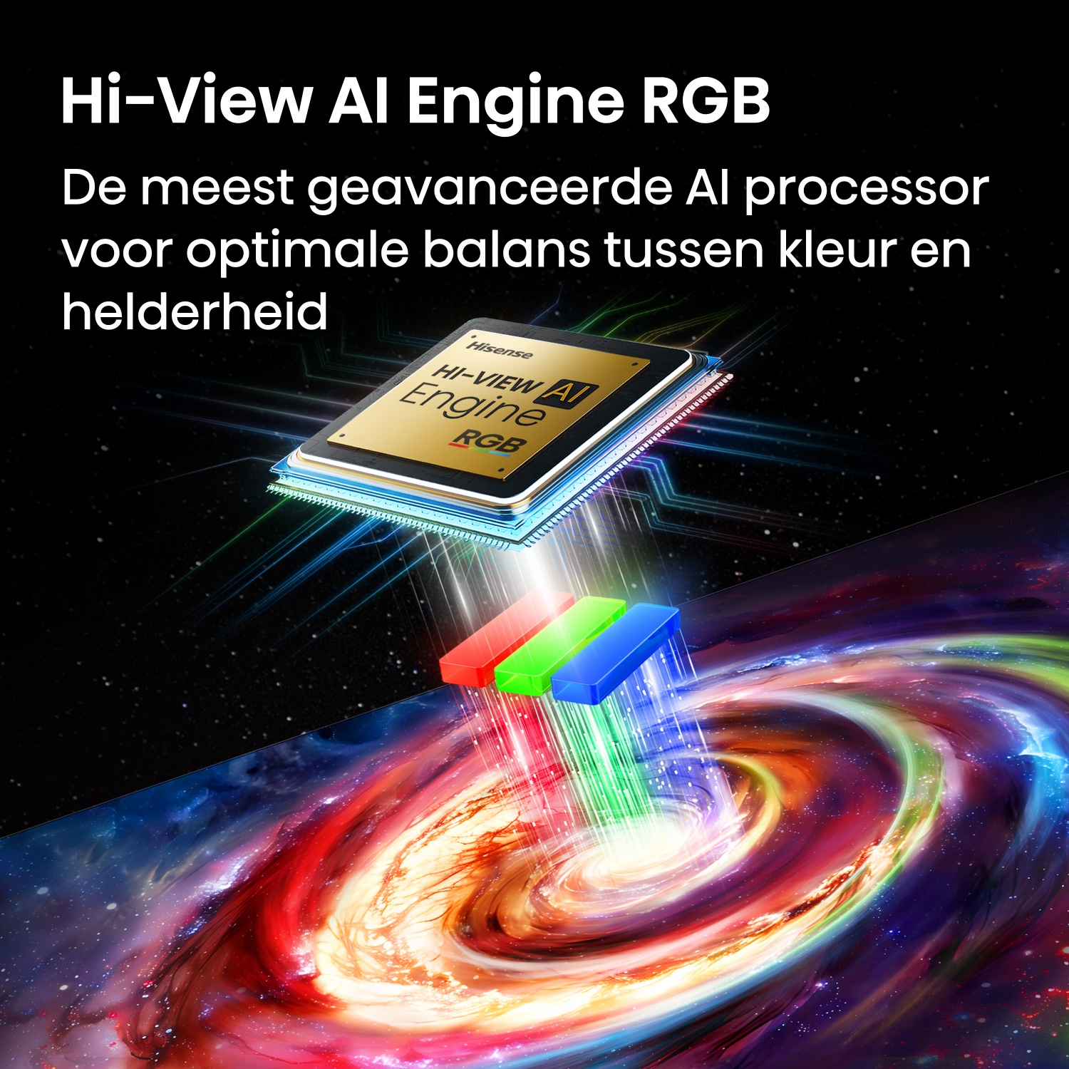 AI chip processing RGB light over a colorful nebula. Text: Hi-View AI Engine RGB.
