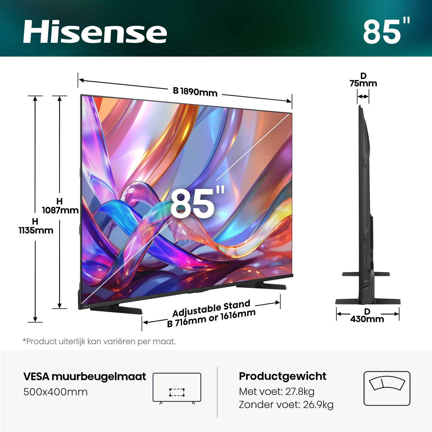 Hisense 85-inch TV with dimensions: Width 1890mm, Height 1087mm, Depth 75mm/430mm.
