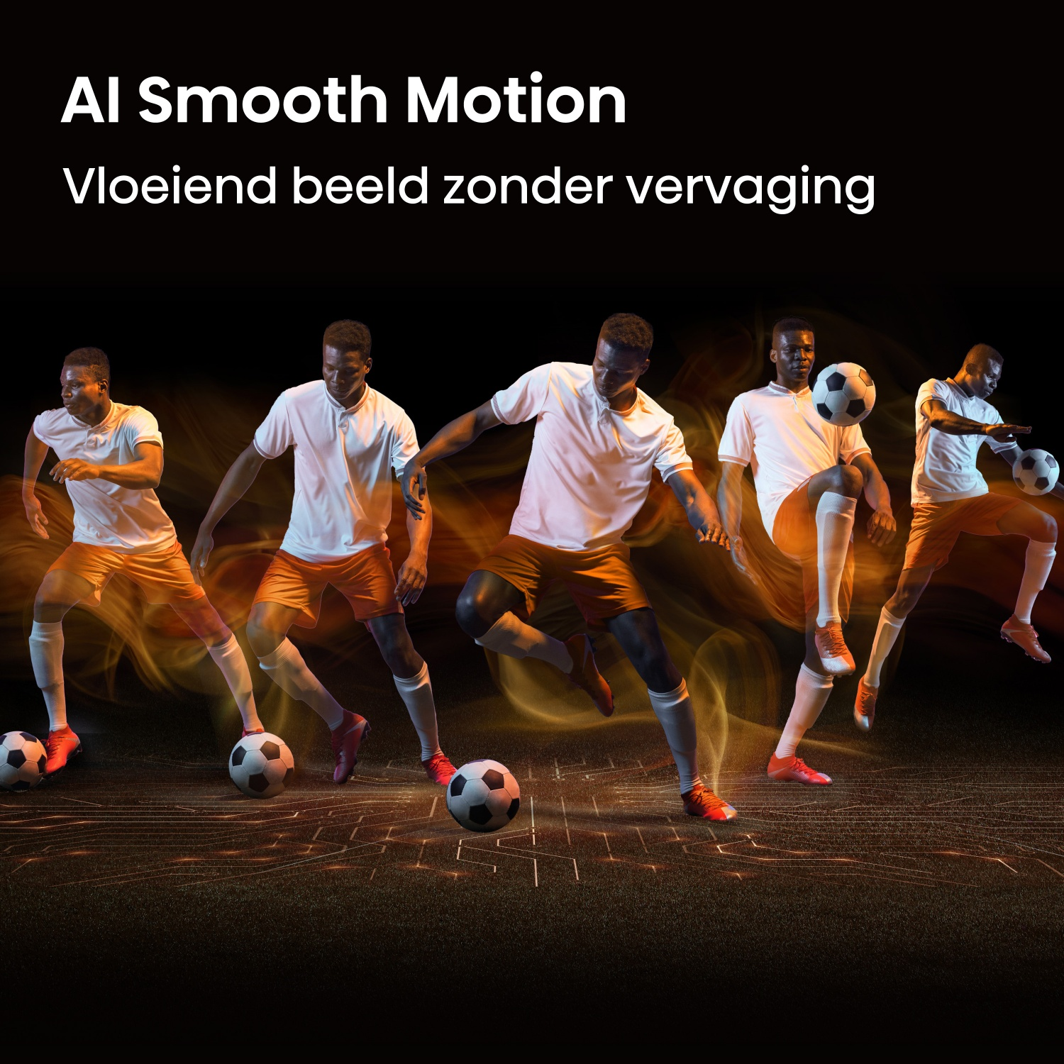 Five soccer players in white shirts and orange shorts playing with soccer balls.