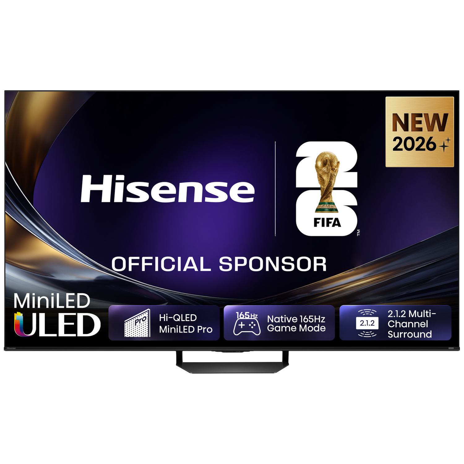 Hisense MiniLED ULED TV met FIFA-logo, "NIEUW 2026+" en functies.
