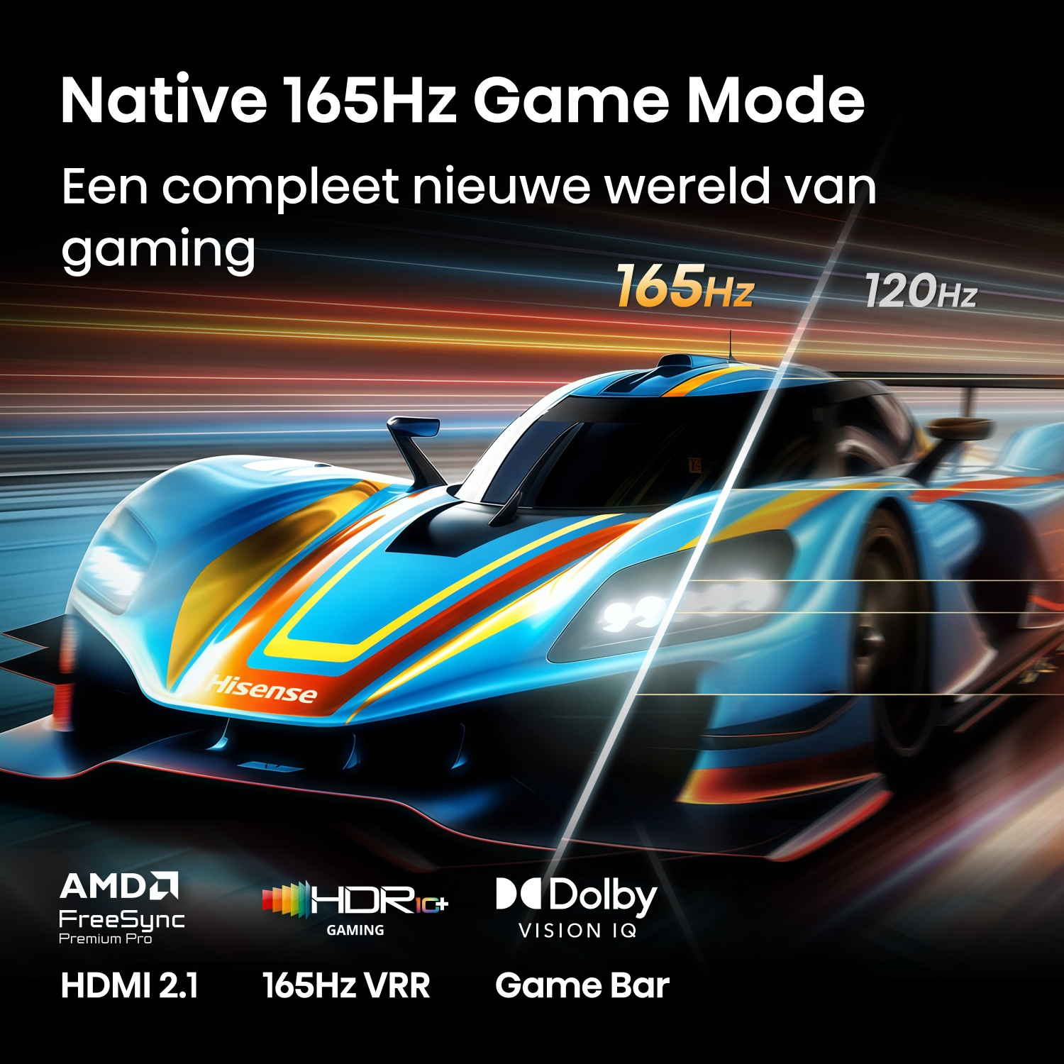 Een blauwe raceauto met reclame voor 165Hz gamemodus en Hisense.