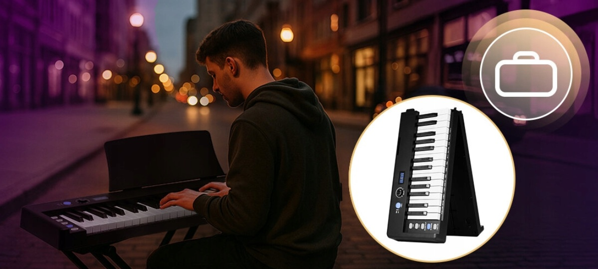 Mężczyzna gra na pianinie na ulicy nocą. Klawiatura w okręgu.