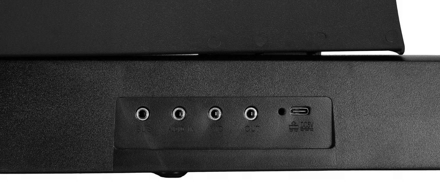 Porty: Sustain, Audio In, Mic, Out, USB-C, DC 5V.