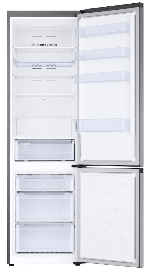 Otwarta lodówka z półkami, szufladami i napisem "All-Around Cooling".