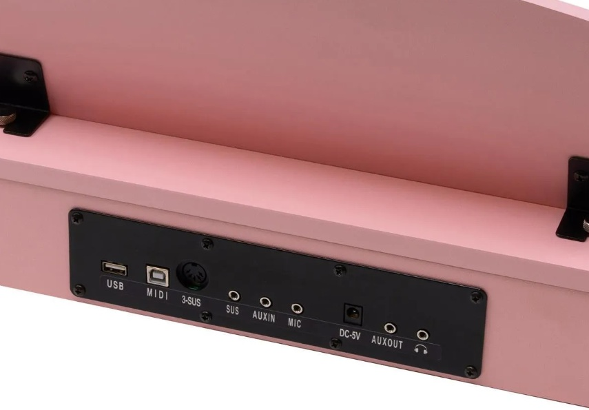 Panel połączeń różowej klawiatury z portami USB, MIDI i audio.