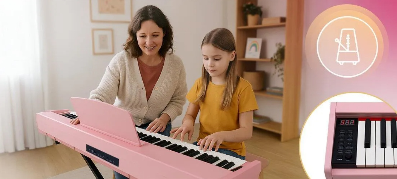 Kobieta i dziecko grają na pianinie. Różowe pianino, jasny pokój.