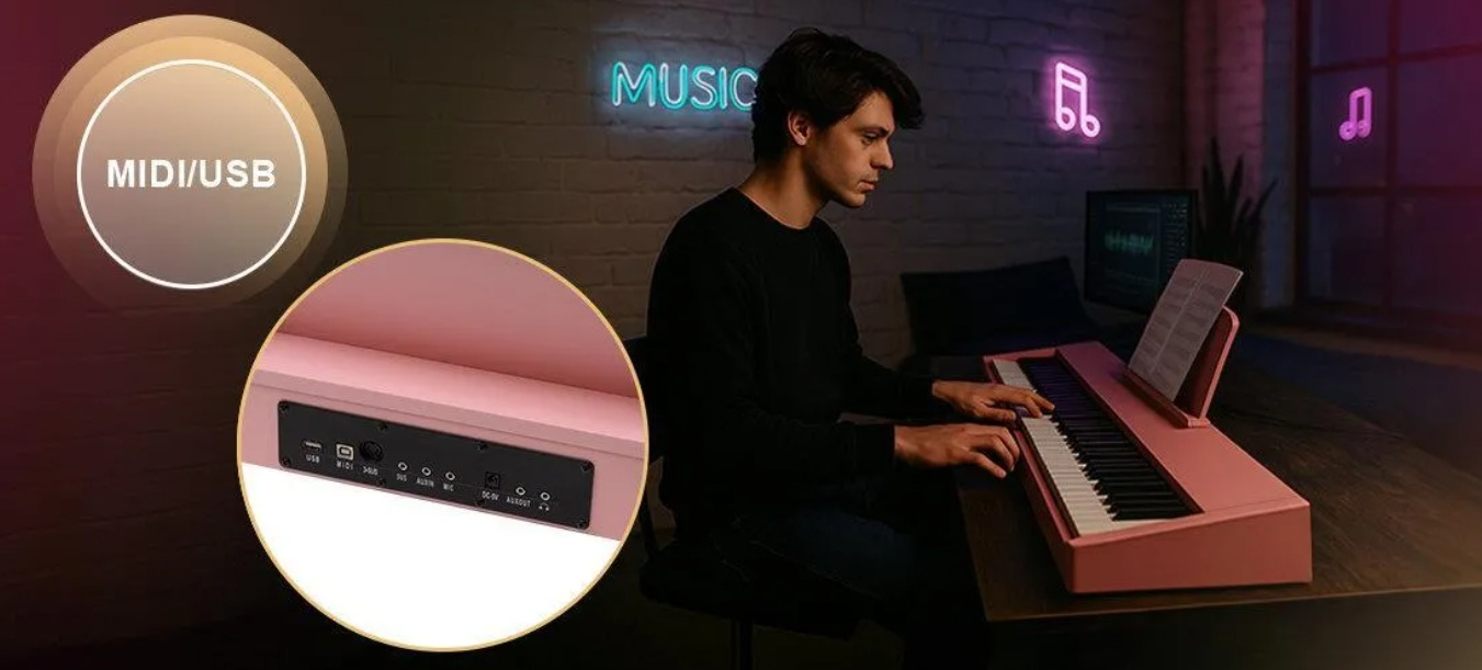 Mężczyzna gra na różowej klawiaturze z neonami, porty MIDI/USB.