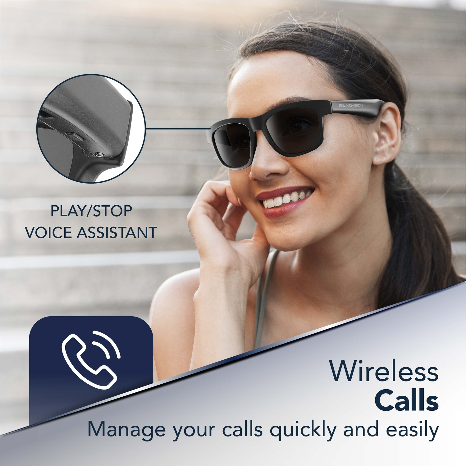 Donna sorridente indossa occhiali da sole con audio integrato. Controllo vocale e chiamate wireless.