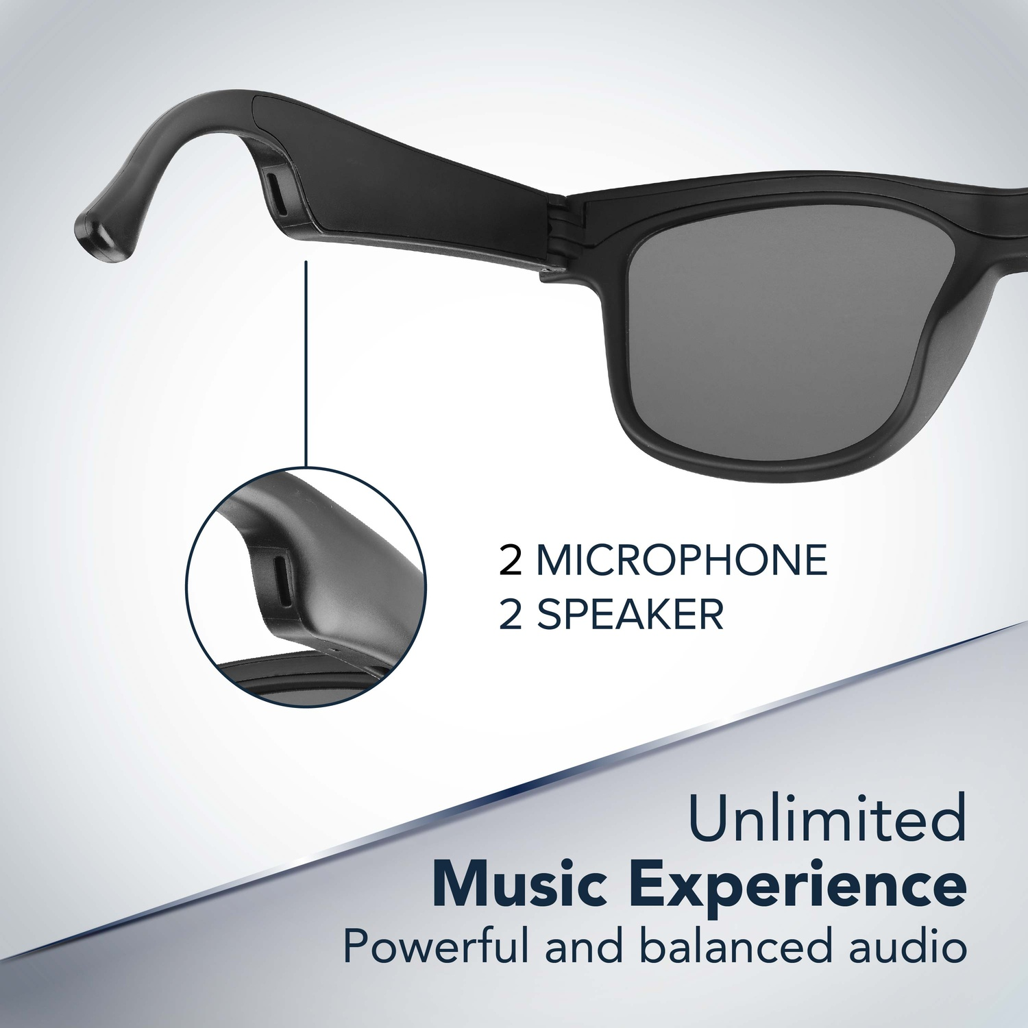 Occhiali smart neri con 2 microfoni e 2 altoparlanti.