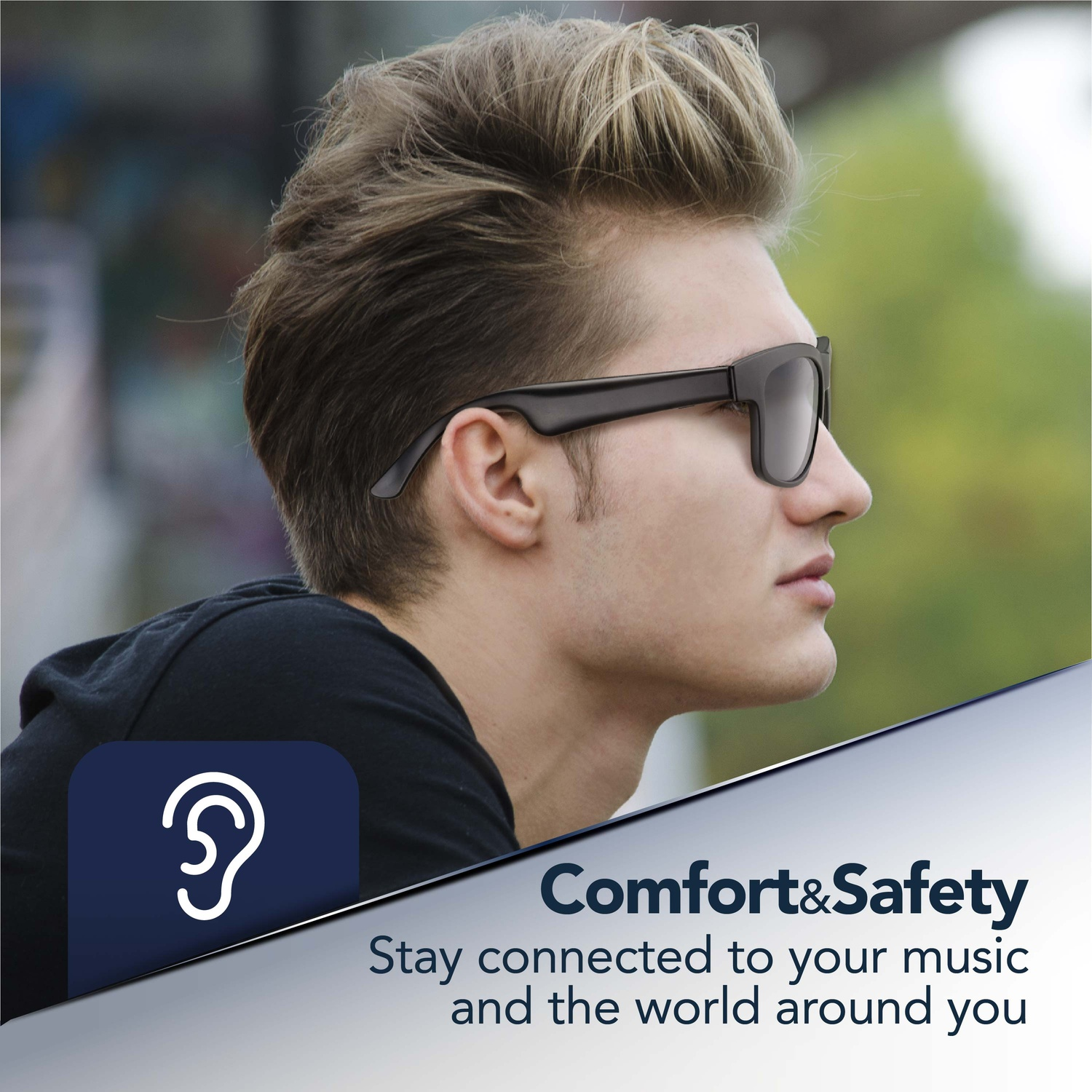 Uomo con occhiali da sole e cuffie. Testo: Comfort e Sicurezza.