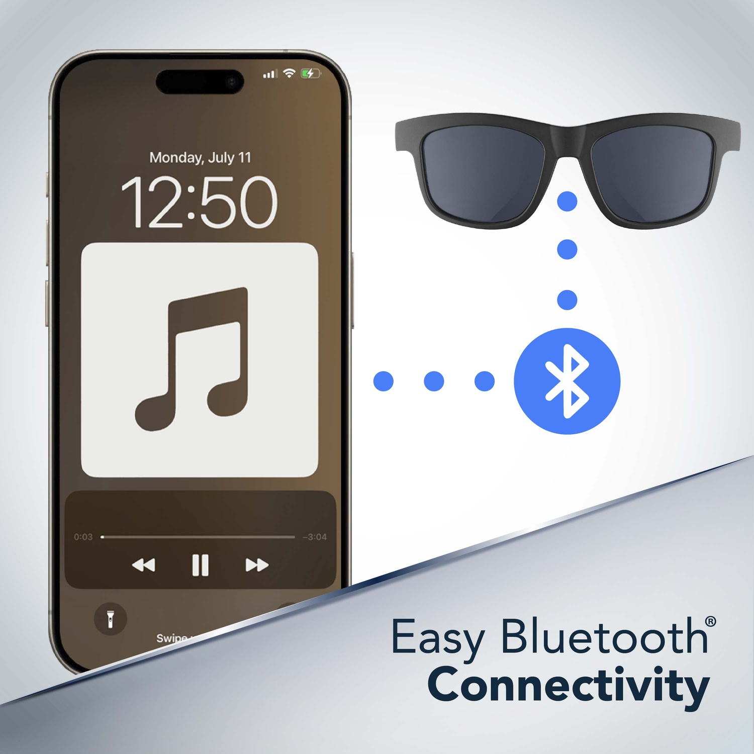Smartphone mostra le 12:50 e musica. Occhiali da sole con simbolo Bluetooth vicini.