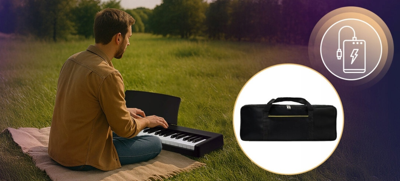 Mężczyzna gra na keyboardzie na zewnątrz, z torbą i ikoną ładowania.