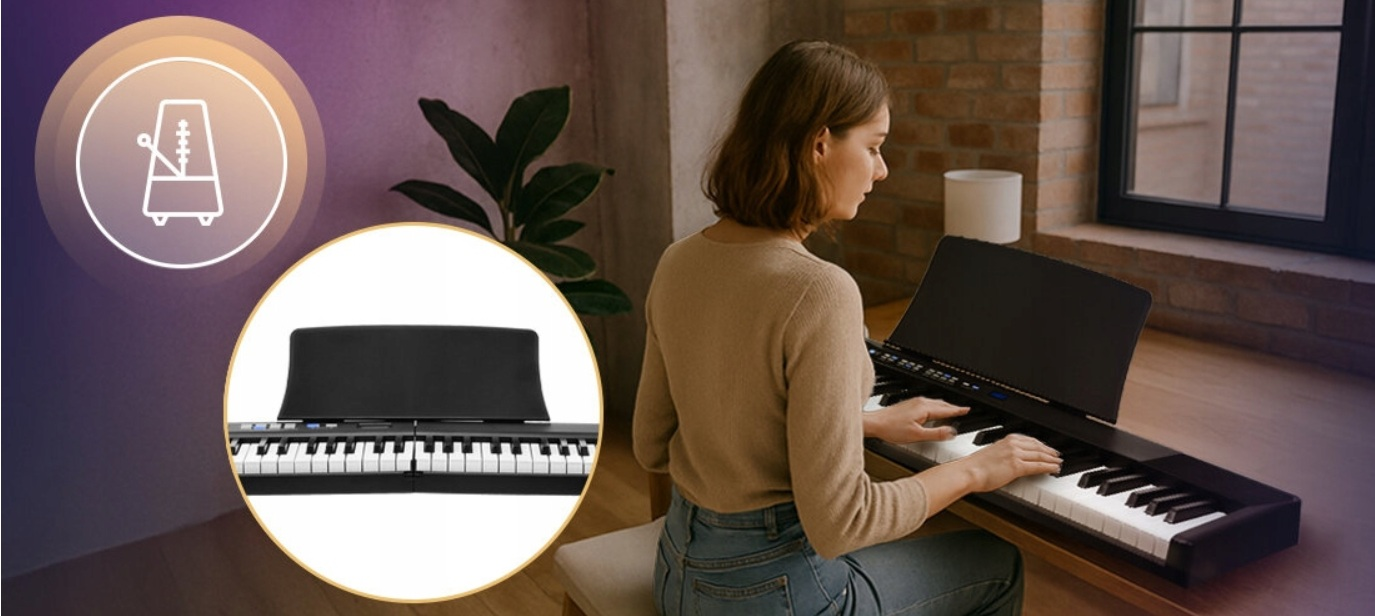 Kobieta gra na pianinie, obok grafika metronomu i szczegół pianina.