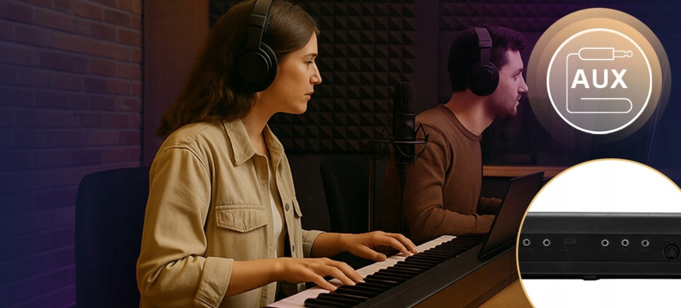 Dwie osoby w studio, jedna gra na pianinie, druga śpiewa, z ikoną AUX.