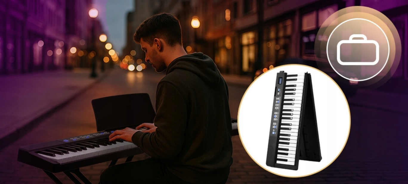 Mężczyzna gra na keyboardzie na nocnej ulicy miasta, w tle światła bokeh.
